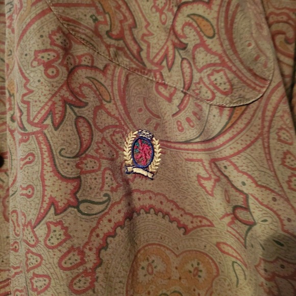 TOMMY HILFIEGER Vtg.90's ST.PATRICK DAY OLIVE GREEN LS. ALL Paisley Button Up Lg - Picture 2 of 12